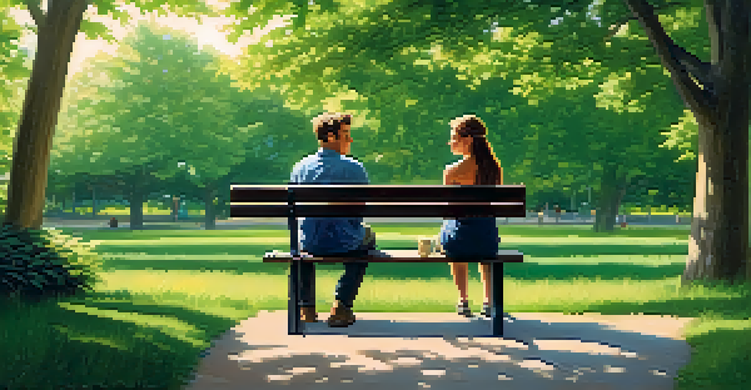 Two friends sitting on a park bench, one sharing a story while the other listens with empathy, surrounded by nature.