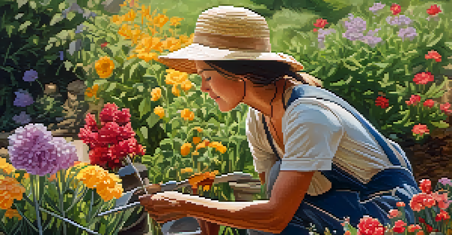 A gardener examining a flower in a bright garden, symbolizing growth mindset and resilience.