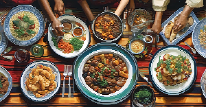 Diverse hands sharing a meal at a table filled with traditional dishes, symbolizing cultural unity.