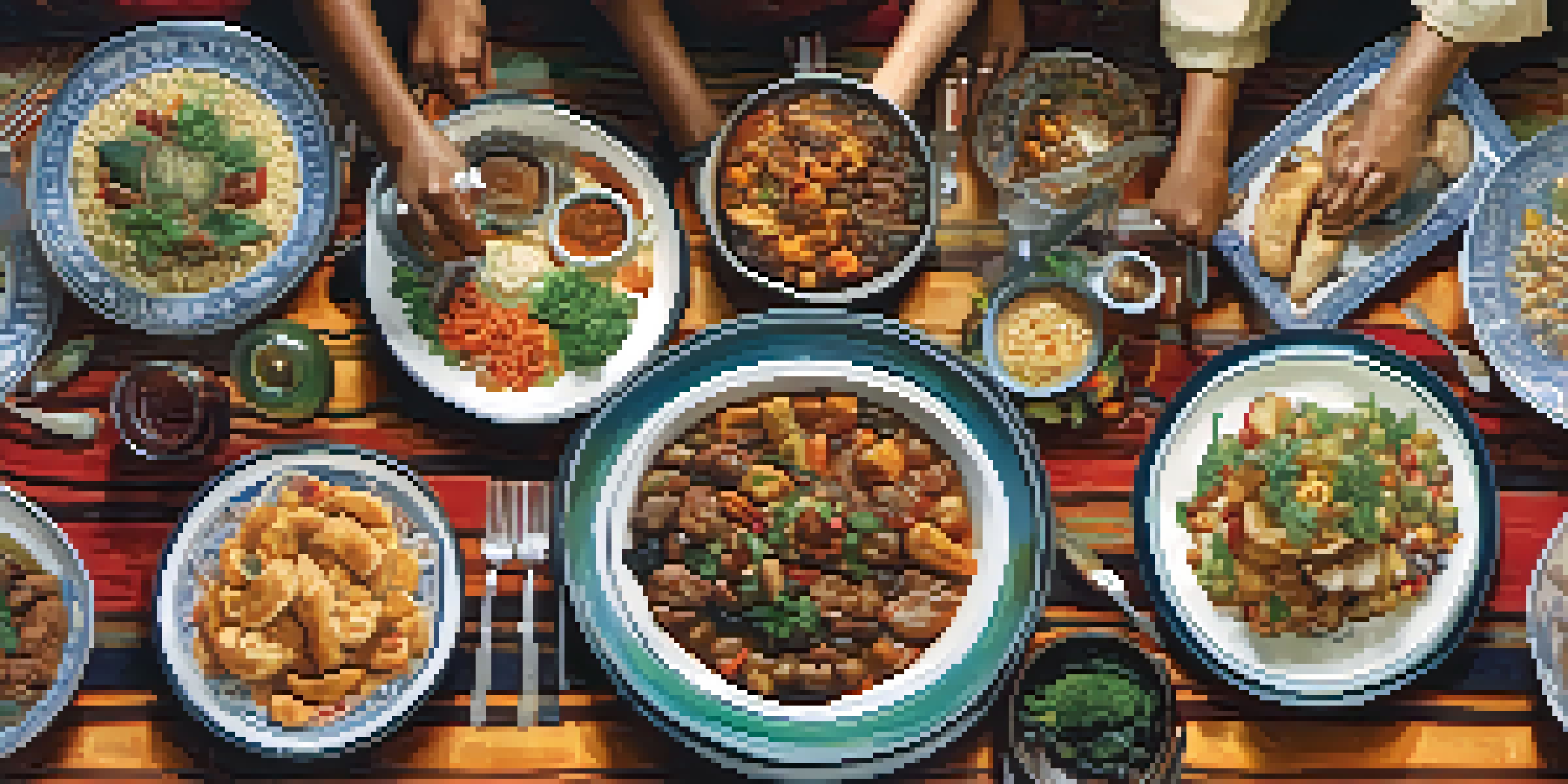 Diverse hands sharing a meal at a table filled with traditional dishes, symbolizing cultural unity.