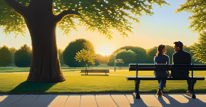 Two people sitting on a park bench, having a deep conversation during sunset, with lush green trees around them.