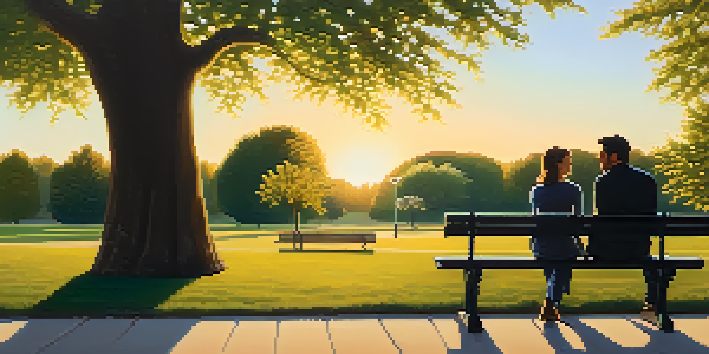 Two people sitting on a park bench, having a deep conversation during sunset, with lush green trees around them.