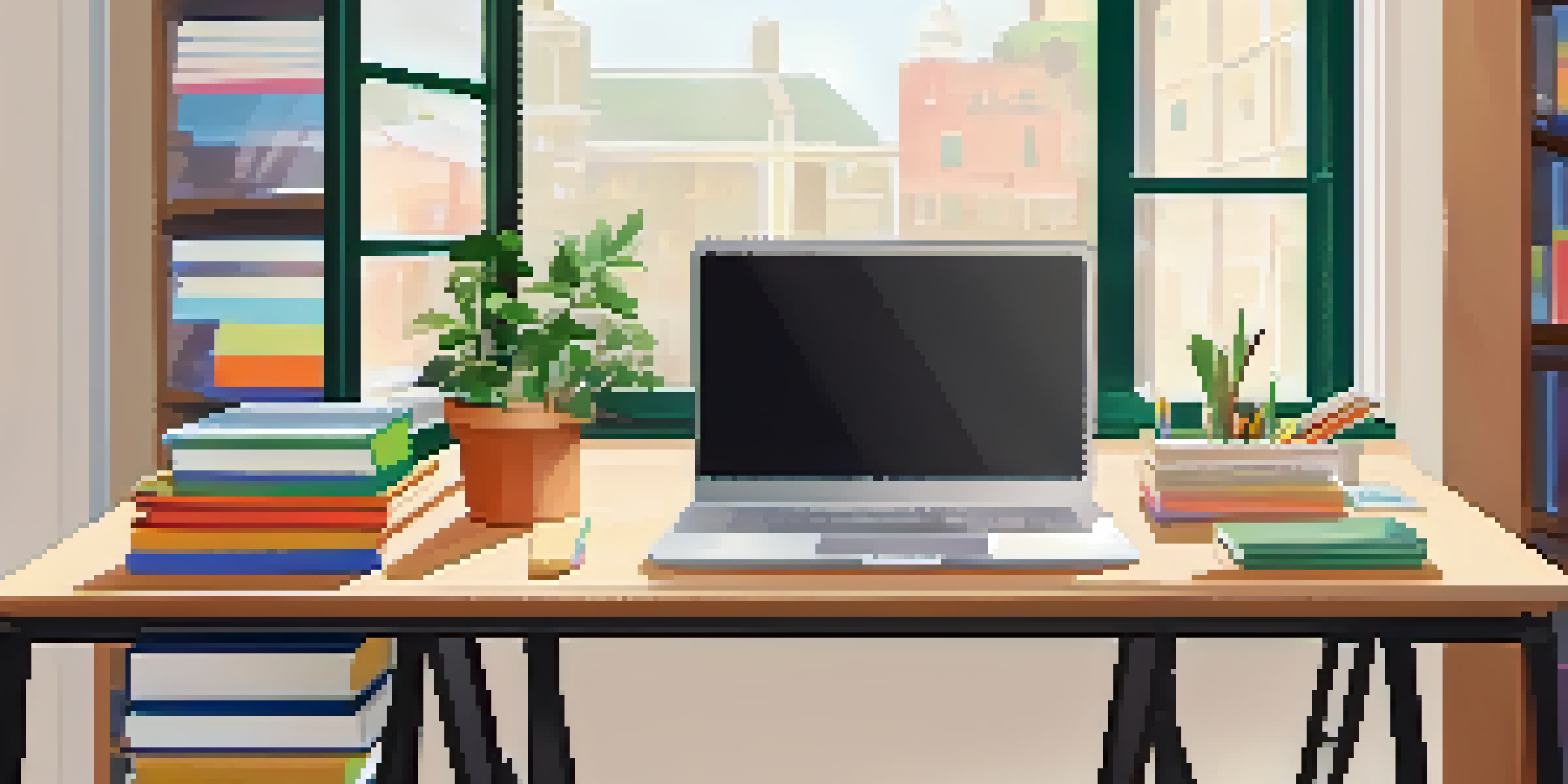 An organized workspace with a laptop, stationery, and a plant by the window.