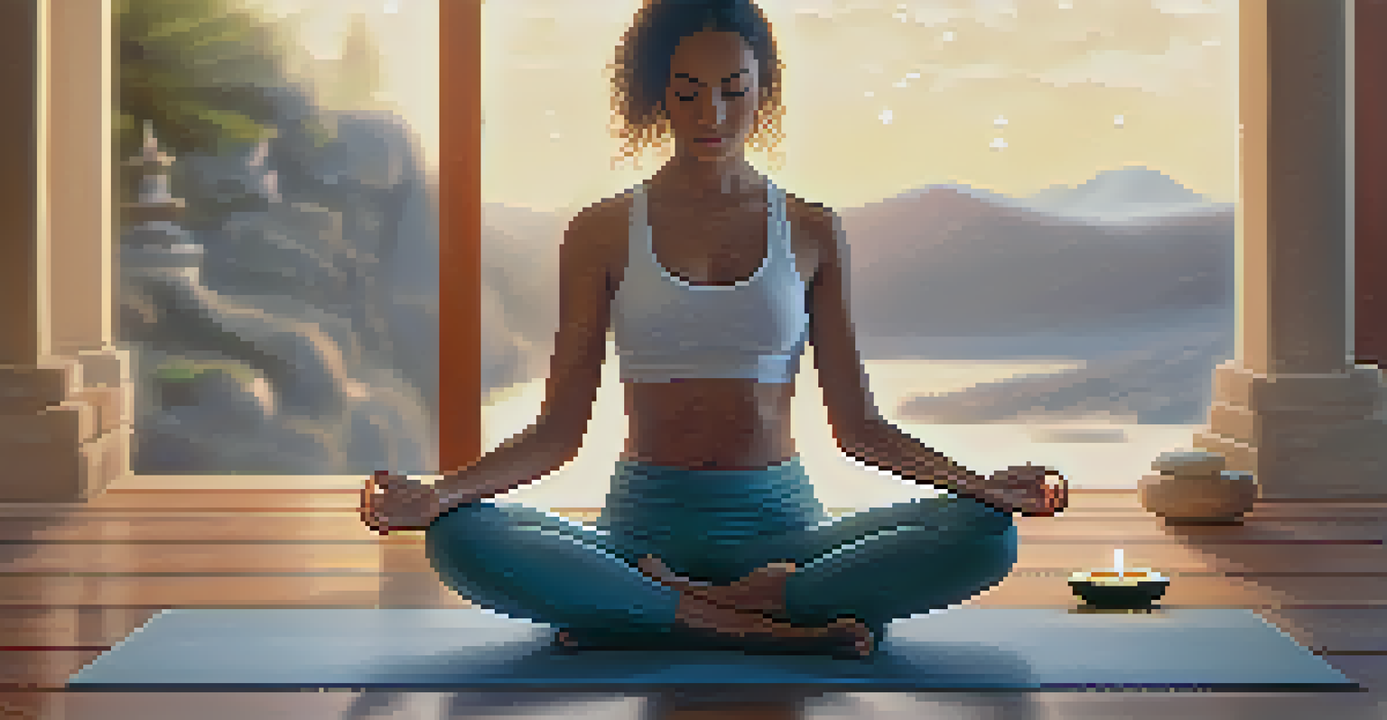 A close-up of a person practicing mindful breathing, sitting calmly on a yoga mat with a serene expression.