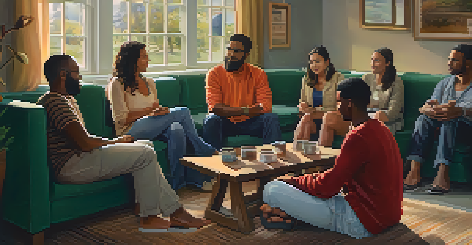A diverse group of people sharing experiences in a cozy circle.