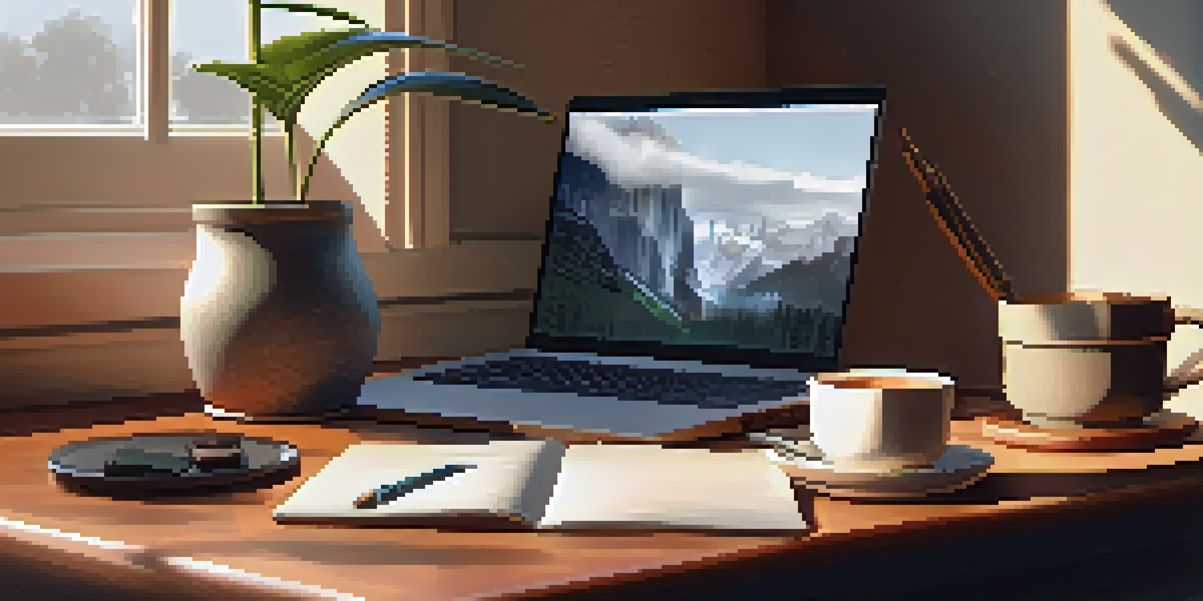 A peaceful workspace with a laptop, tea, and a plant, illuminated by soft morning light.