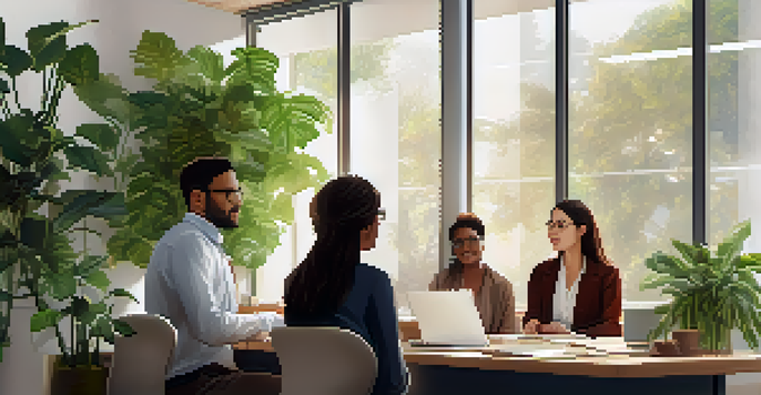 A diverse team in a well-lit office discussing feedback, with plants and motivational posters around.