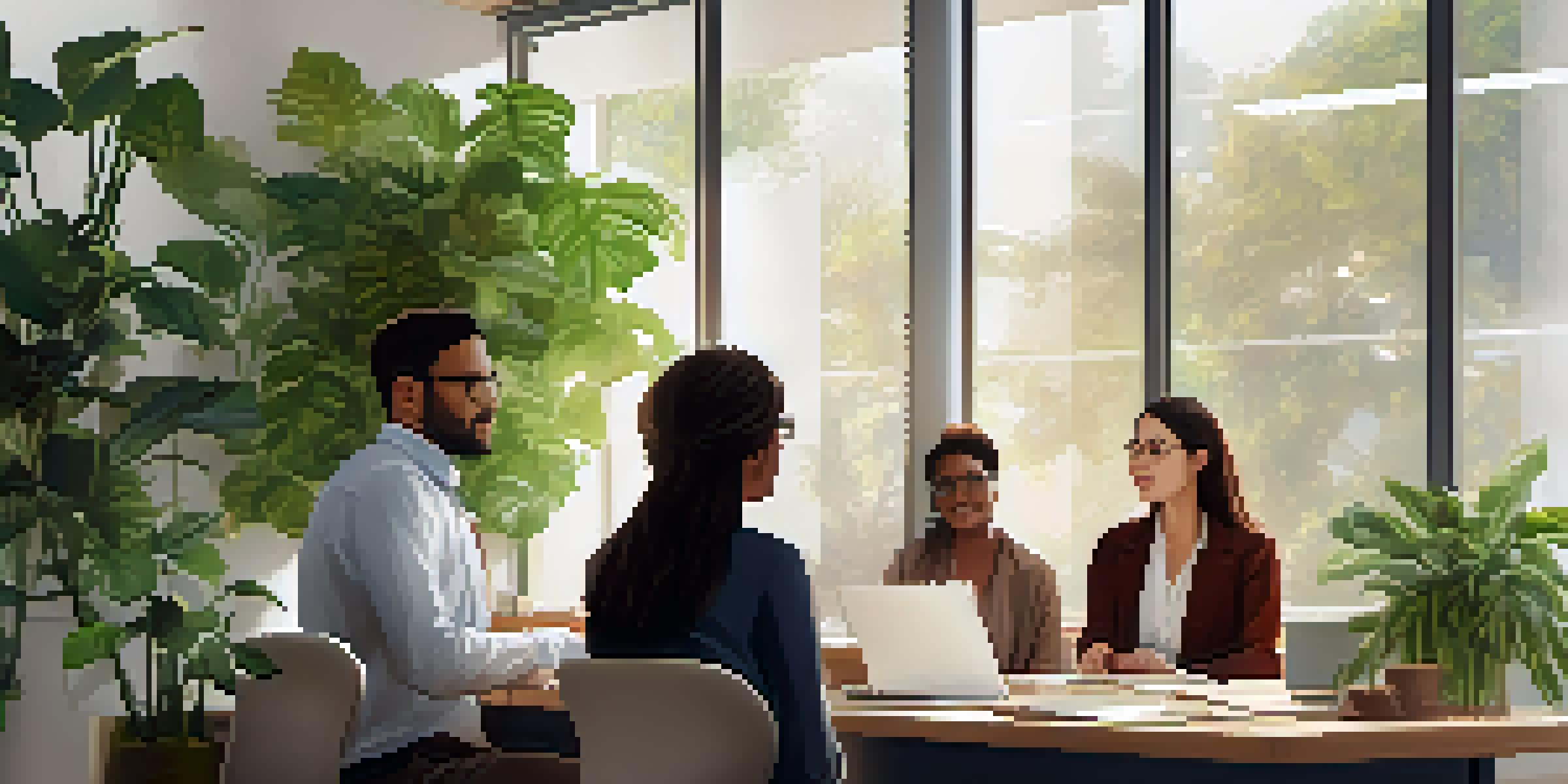 A diverse team in a well-lit office discussing feedback, with plants and motivational posters around.