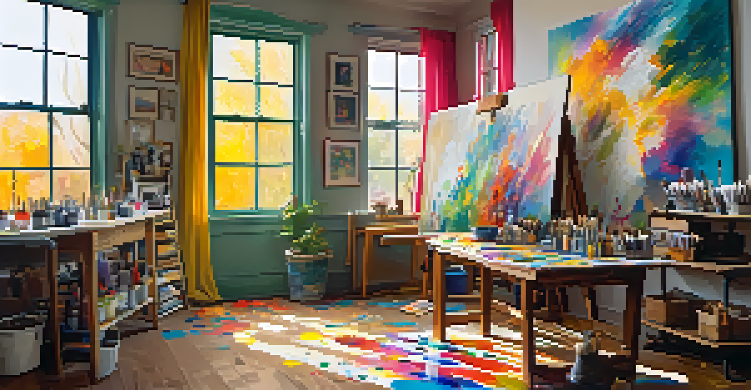 An artist's studio with an abstract painting on a canvas and colorful paint supplies scattered around.