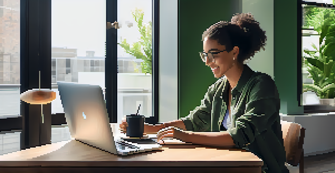 A smiling professional at a modern workspace, using a laptop surrounded by notebooks and a cup of coffee, with natural light from large windows and green plants.