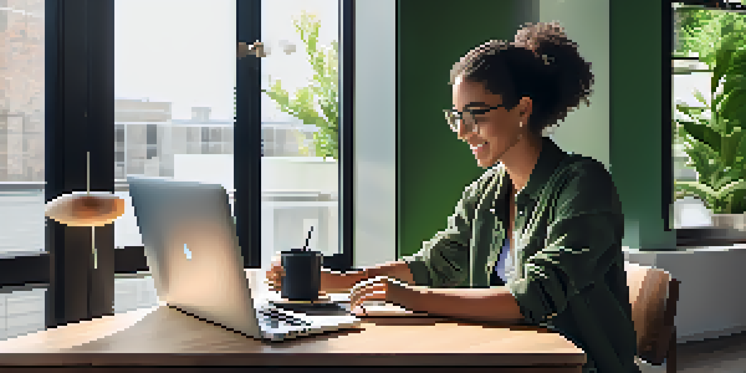 A smiling professional at a modern workspace, using a laptop surrounded by notebooks and a cup of coffee, with natural light from large windows and green plants.