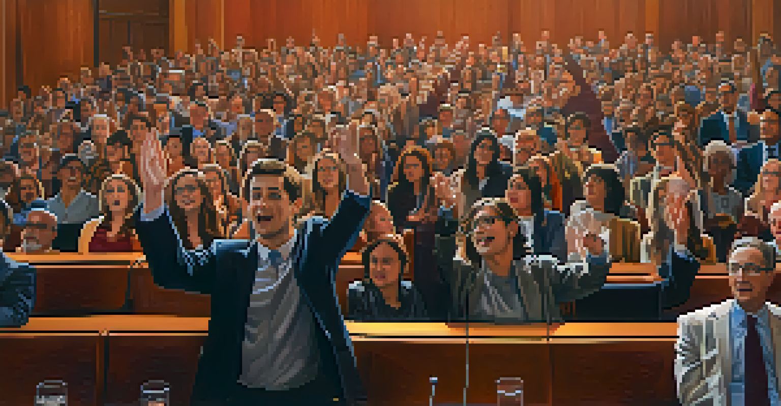 An interactive audience participating in a speech, with hands raised and a speaker engaging them in a bright auditorium.