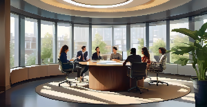 A diverse team in a bright office space, collaborating and sharing ideas around a round table, with natural light and plants in the background.