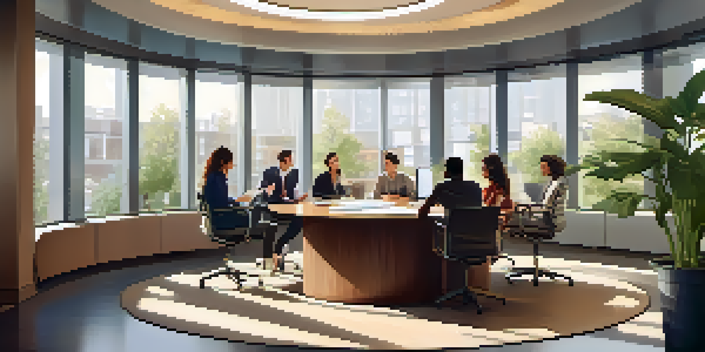 A diverse team in a bright office space, collaborating and sharing ideas around a round table, with natural light and plants in the background.