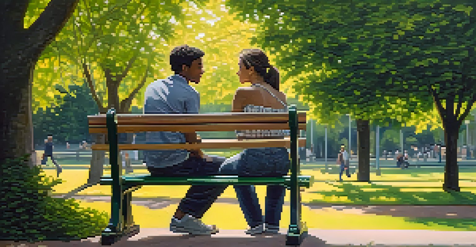 Two friends sitting on a bench in a park, talking and sharing a meaningful conversation.