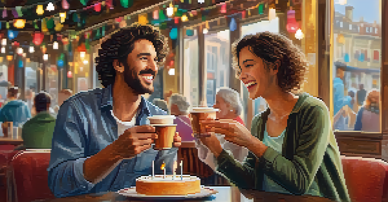 Two friends celebrating their achievements at a café, raising coffee cups with a small cake on the table.