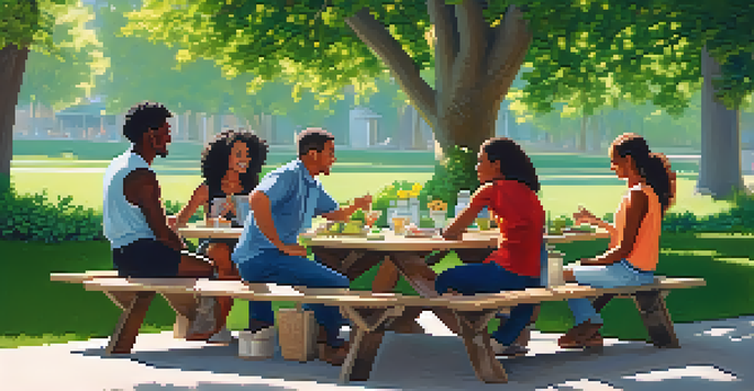 A diverse group of people having a discussion at a picnic table in a green park.