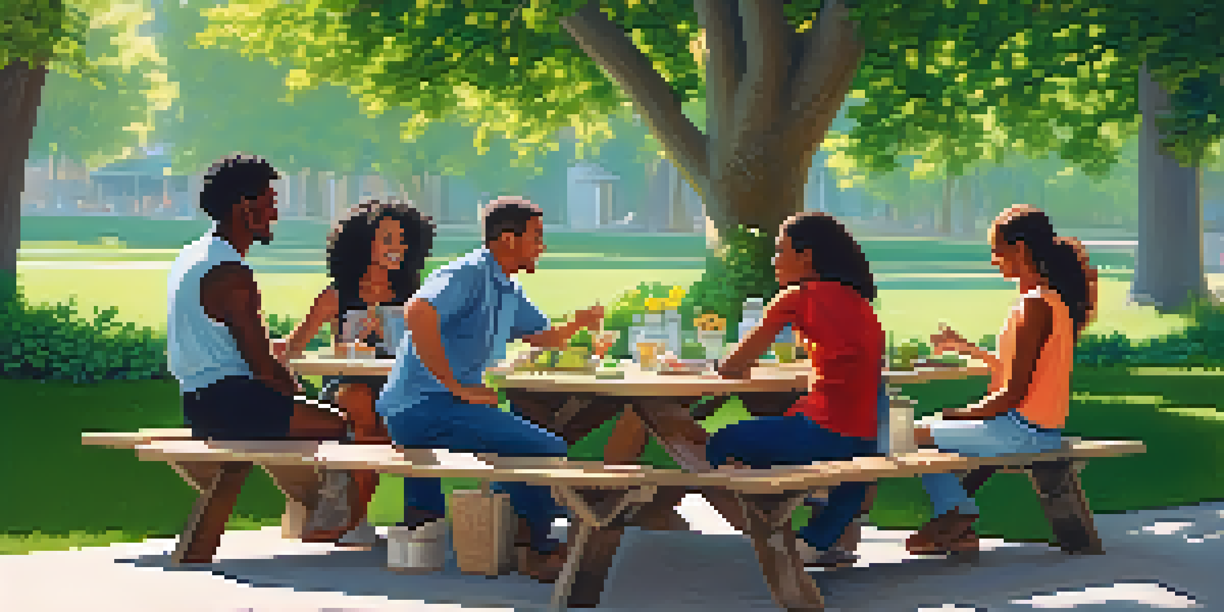 A diverse group of people having a discussion at a picnic table in a green park.