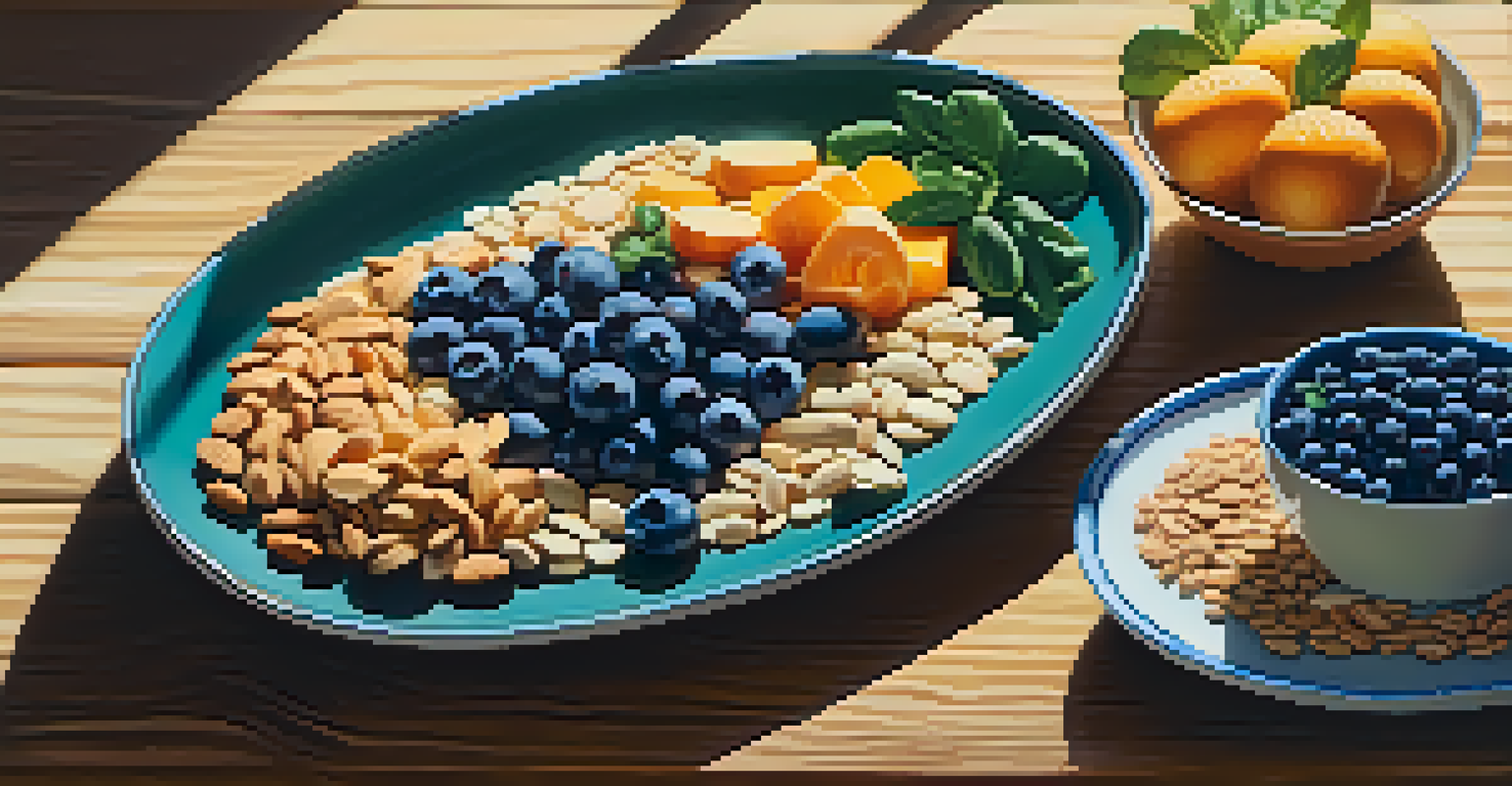 A colorful plate showcasing blueberries, spinach, almonds, and whole grains on a wooden table, illuminated by soft sunlight.