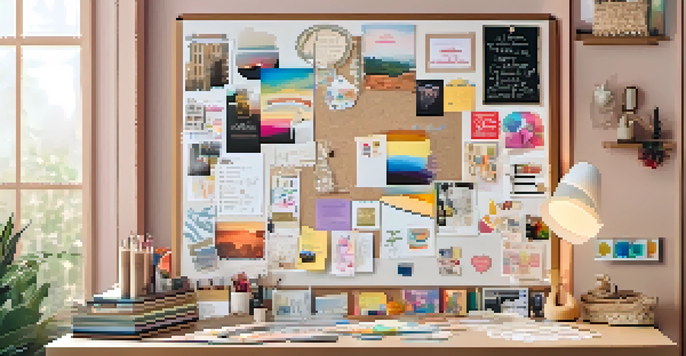 A colorful vision board on a corkboard with images and quotes, set in a cozy room with a desk and art supplies.