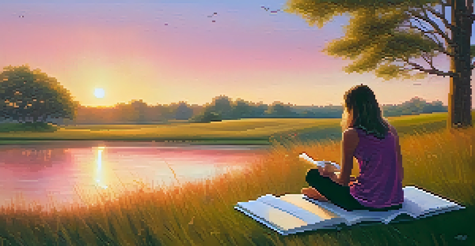 A person journaling in a thought record notebook on a grassy hill during a vibrant sunset, surrounded by trees.