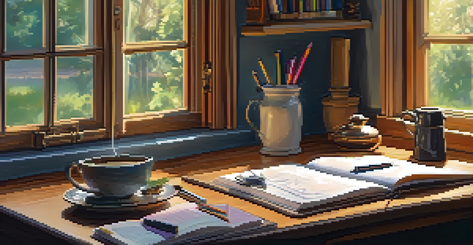A person journaling at a wooden desk with a warm lamp light, surrounded by pens and a cup of tea.
