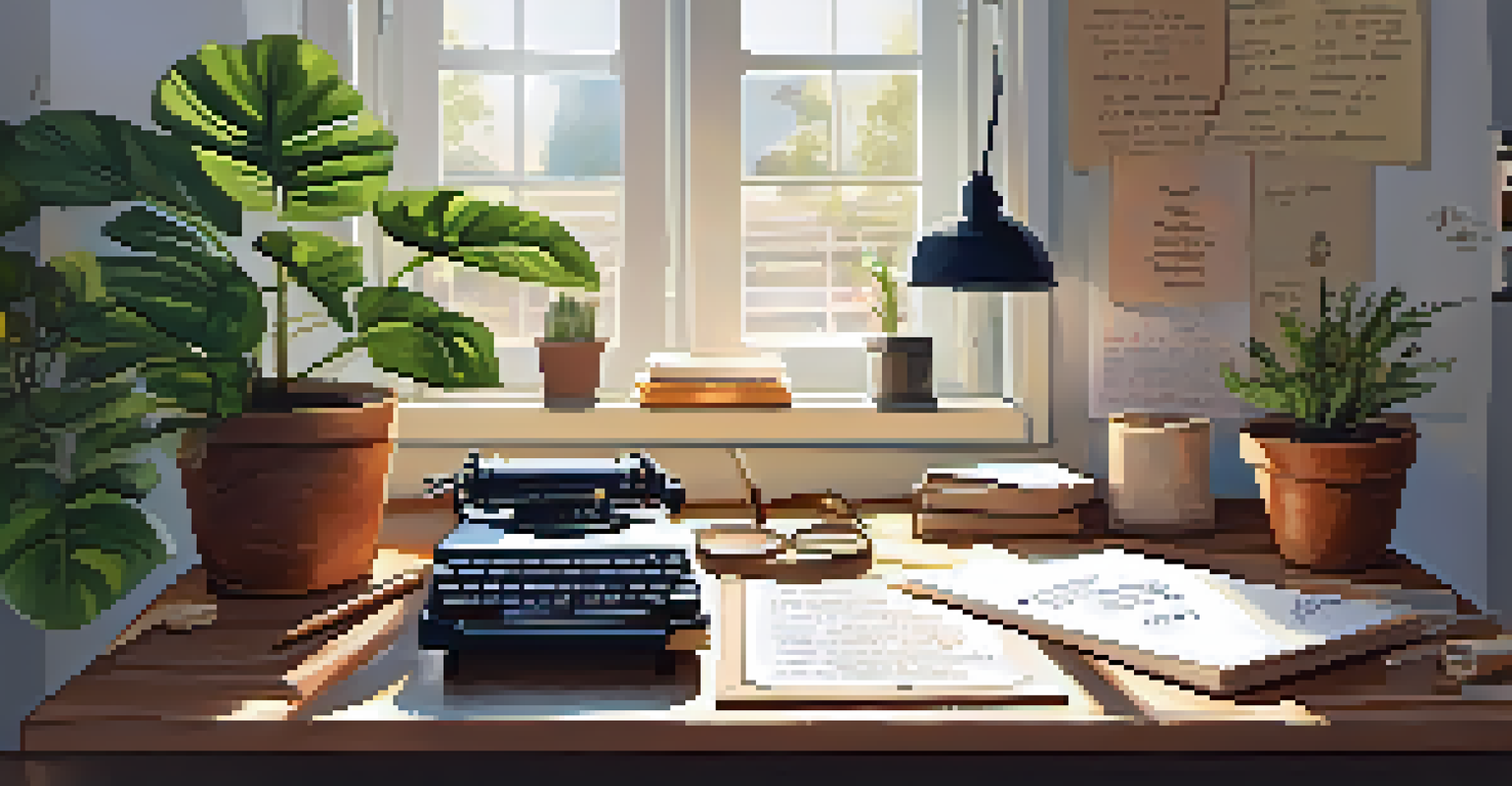 An inspiring workspace with motivational quotes, a potted plant, and a notebook with affirmations, illuminated by warm sunlight.