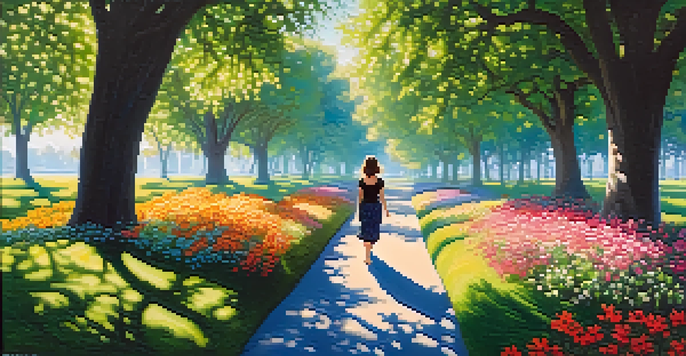 A person walking mindfully on a soft grass path in a green park, surrounded by colorful flowers and trees under a sunny sky.