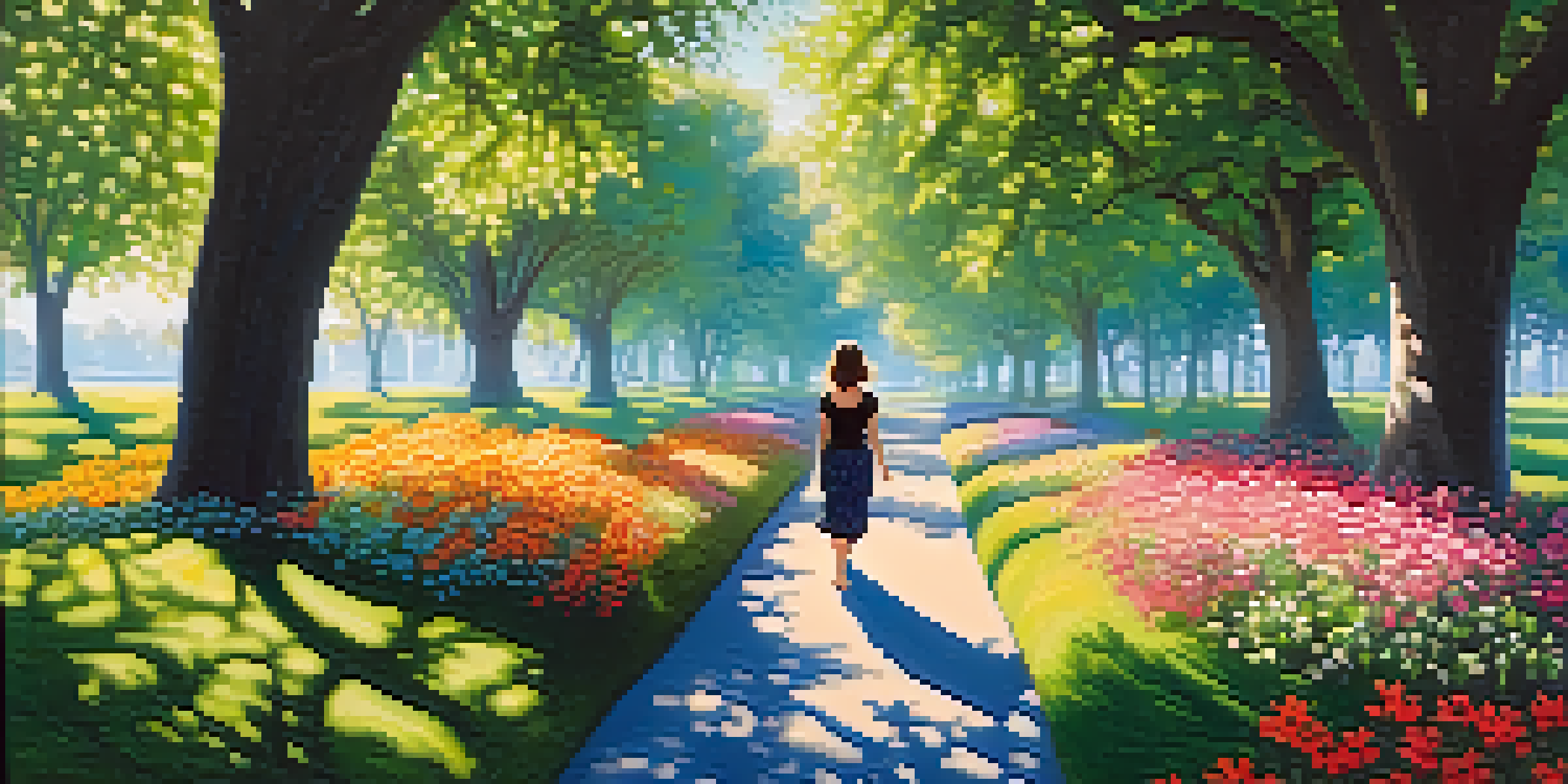 A person walking mindfully on a soft grass path in a green park, surrounded by colorful flowers and trees under a sunny sky.
