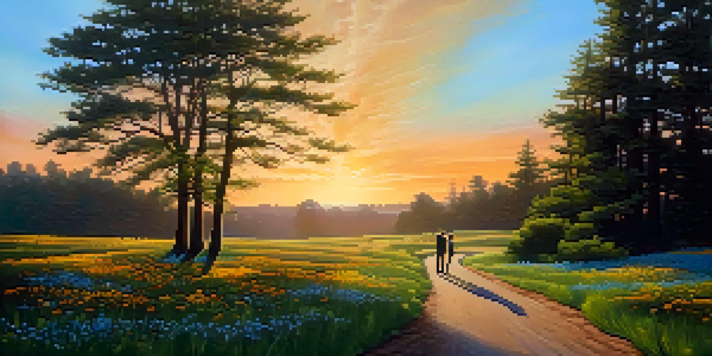 A person at a crossroads in a serene landscape, with one path leading to sunny fields and the other to a shadowy forest, symbolizing decision-making.