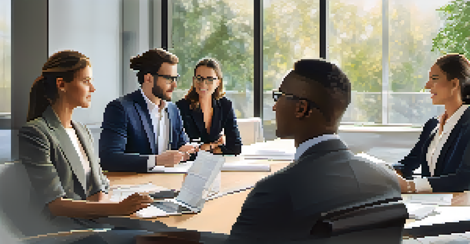 A diverse group of professionals in a meeting, with a confident woman speaking and colleagues attentively listening, in a bright and modern office.