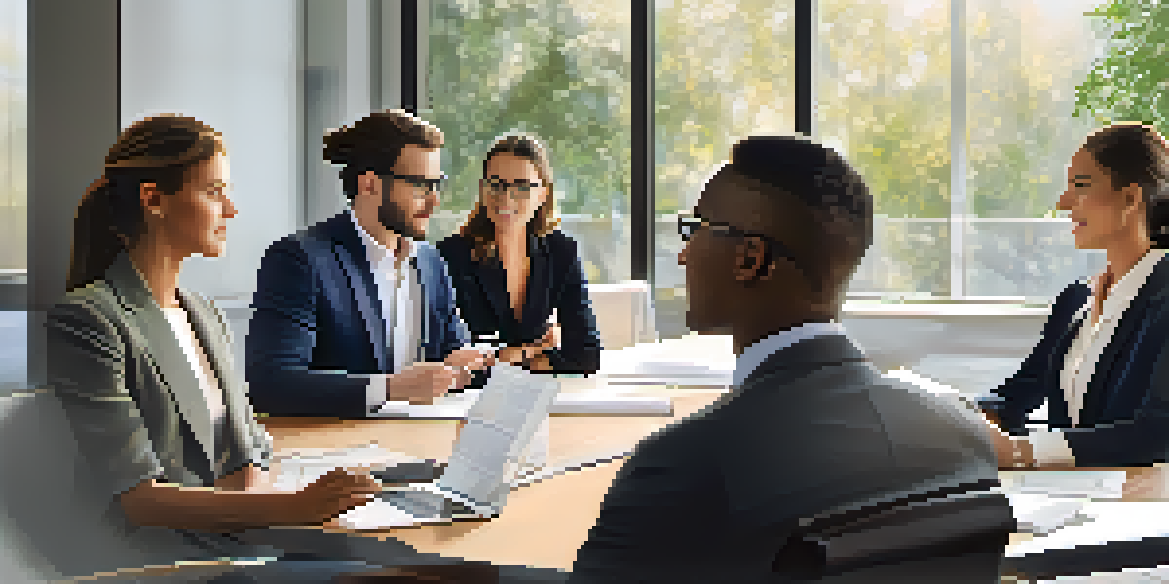 A diverse group of professionals in a meeting, with a confident woman speaking and colleagues attentively listening, in a bright and modern office.