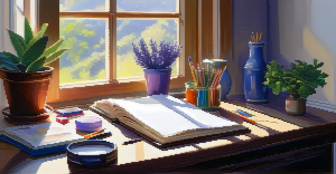 A bright and organized workspace with art supplies, a sketchbook, and a potted plant, illuminated by sunlight from a large window.