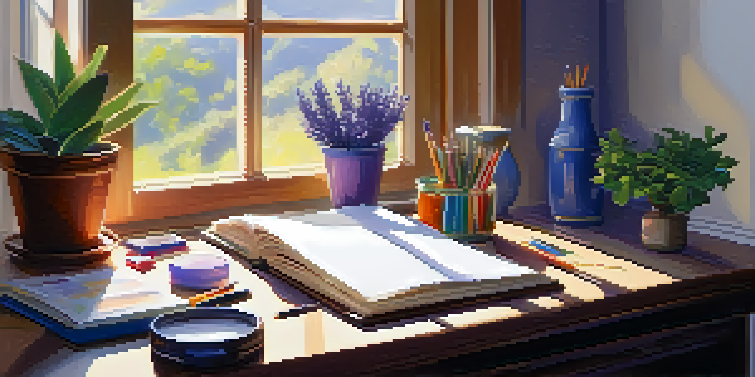 A bright and organized workspace with art supplies, a sketchbook, and a potted plant, illuminated by sunlight from a large window.