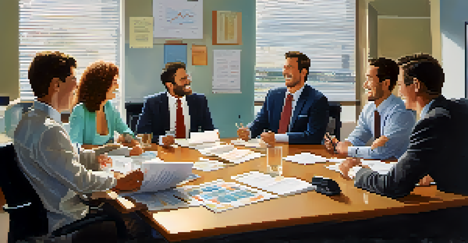 Coworkers laughing and sharing stories in a bright office during a meeting, promoting a positive work environment.