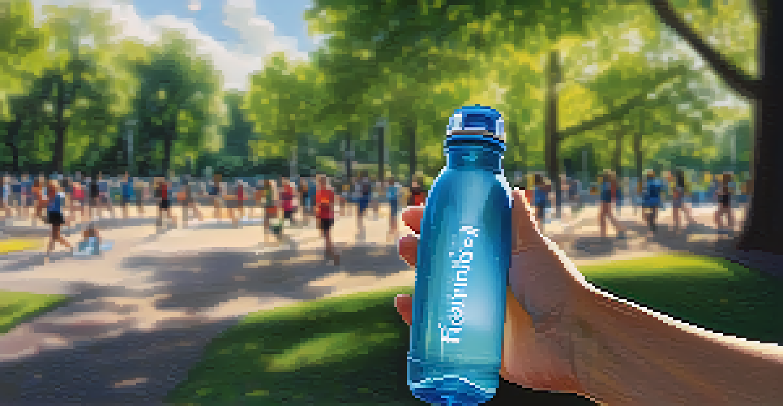 A close-up of a hand holding a water bottle with a blurred background of people exercising in a park.