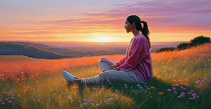 A person sitting cross-legged on a grassy hilltop at sunset, practicing mindfulness through deep breathing, surrounded by colorful wildflowers.