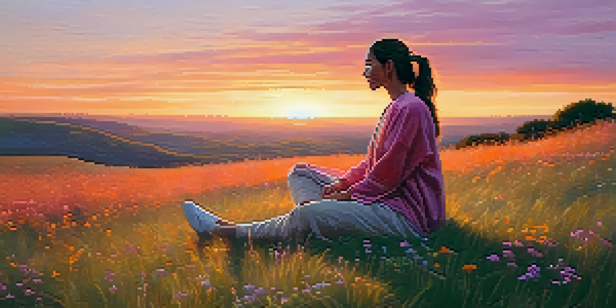 A person sitting cross-legged on a grassy hilltop at sunset, practicing mindfulness through deep breathing, surrounded by colorful wildflowers.