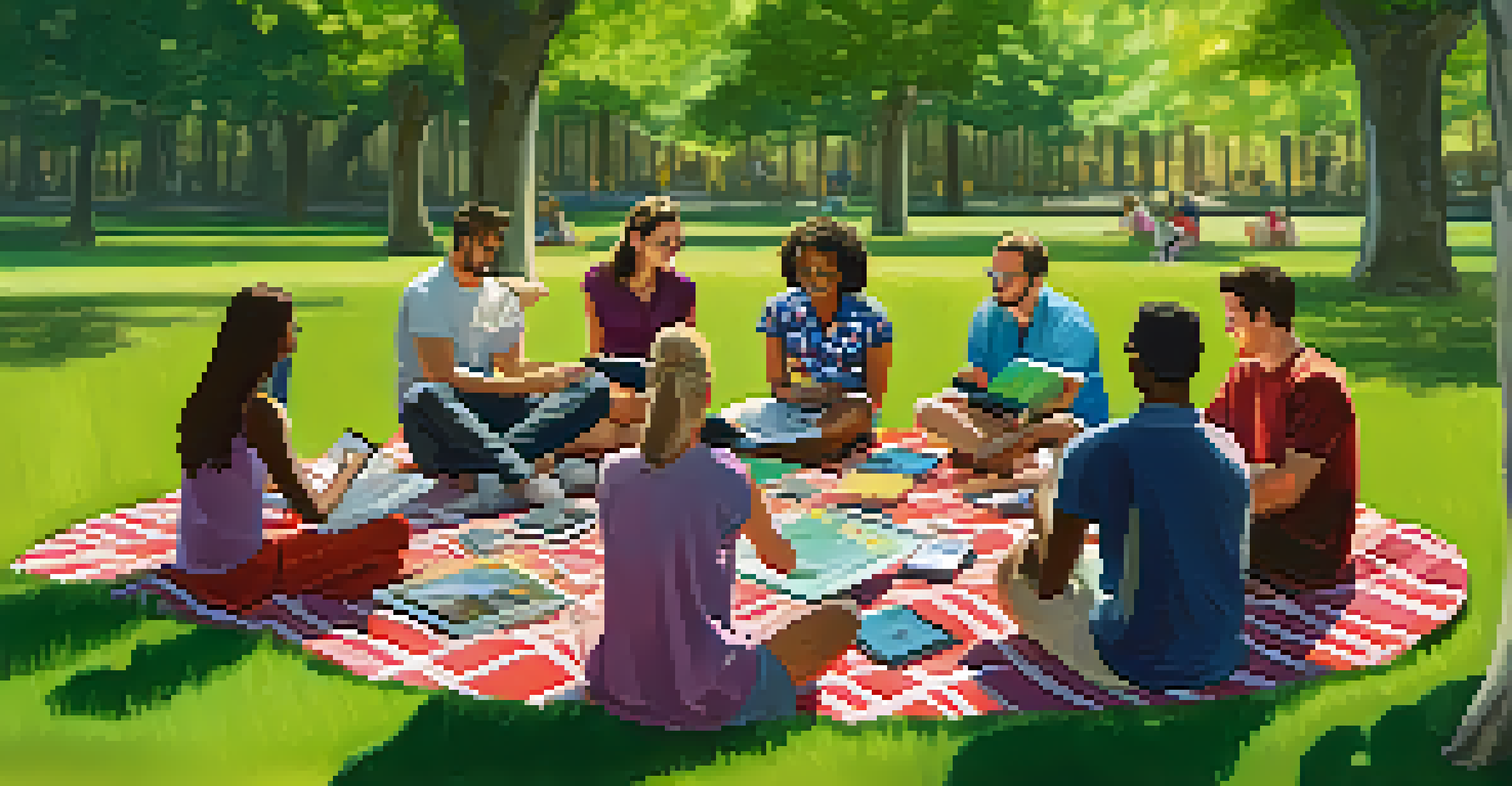 A group gathered outdoors in a park, sitting in a circle on picnic blankets, engaged in a lively brainstorming session with a facilitator.
