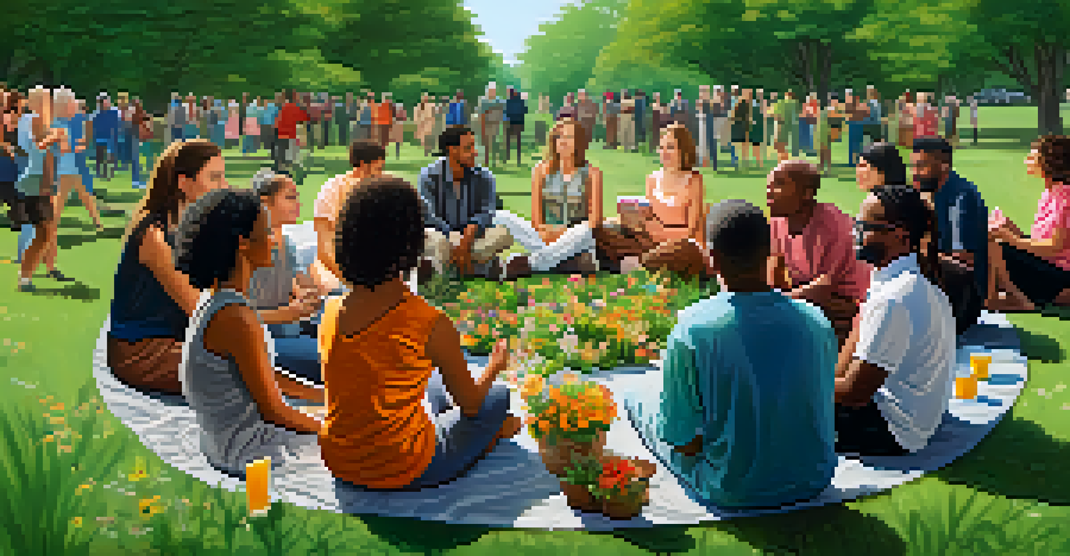 A diverse group of individuals sitting in a circle in a park, sharing stories and connecting authentically.