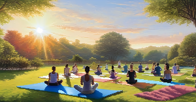 A diverse group of people practicing yoga outdoors at sunrise, with colorful mats on green grass and pastel colors in the sky.