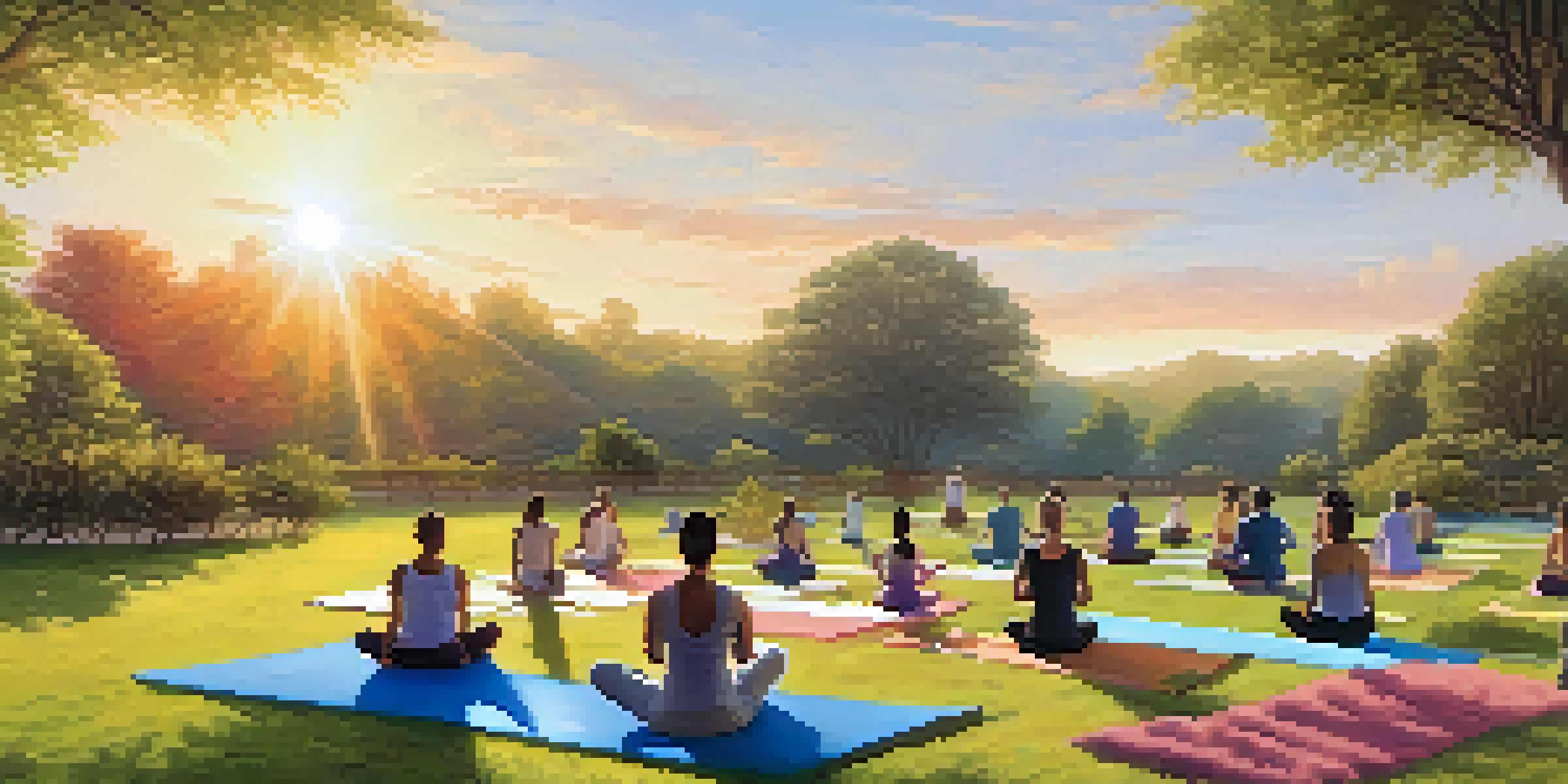 A diverse group of people practicing yoga outdoors at sunrise, with colorful mats on green grass and pastel colors in the sky.