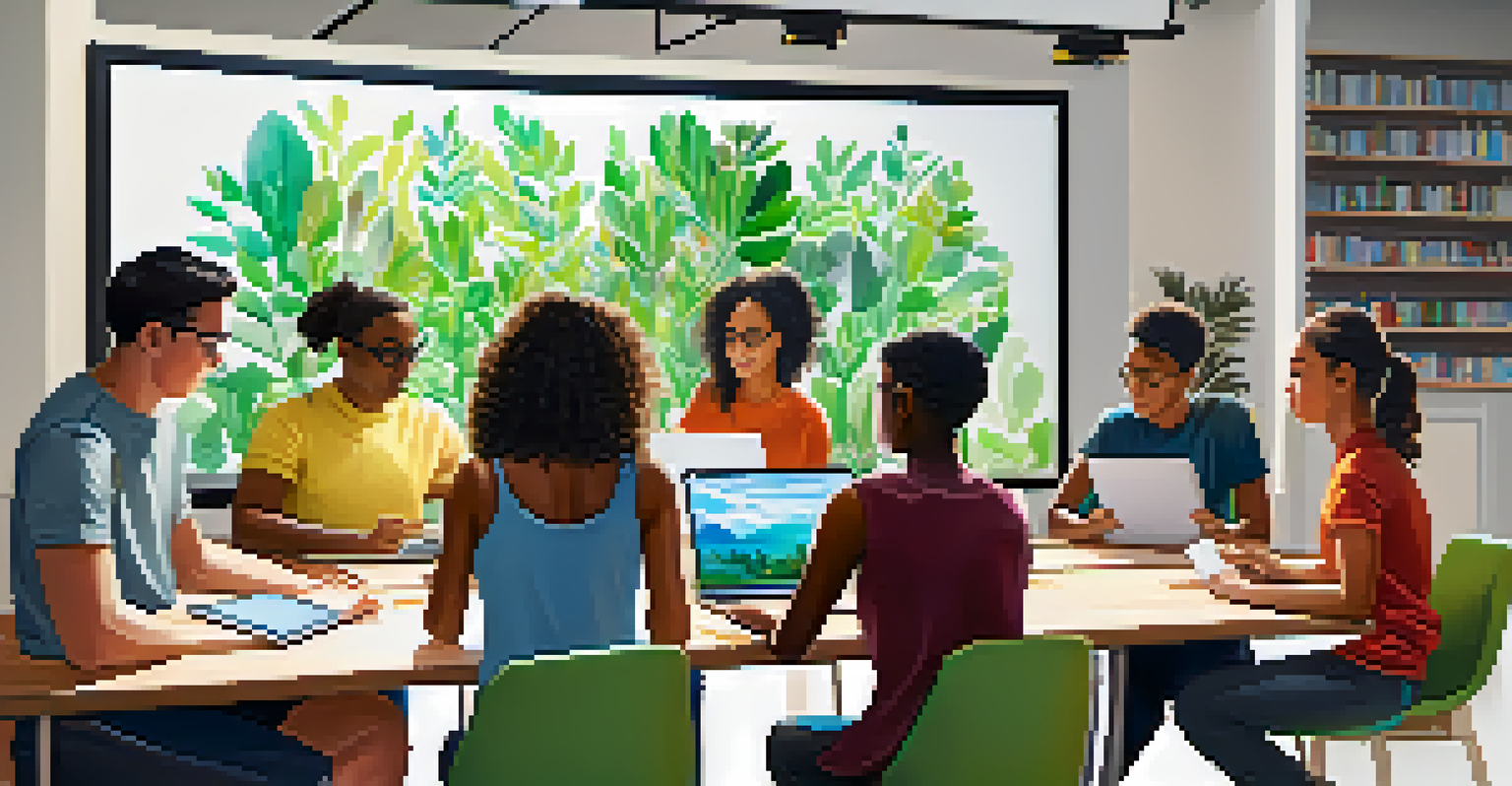 A group of diverse students working together at a table with laptops and tablets in a bright, green-filled room.