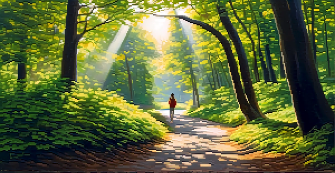 A peaceful forest path with a person walking, sunlight filtering through the trees.