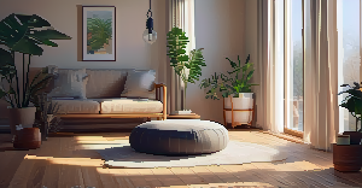 A cozy indoor mindfulness space with a meditation cushion, plants, candles, and soft lighting.