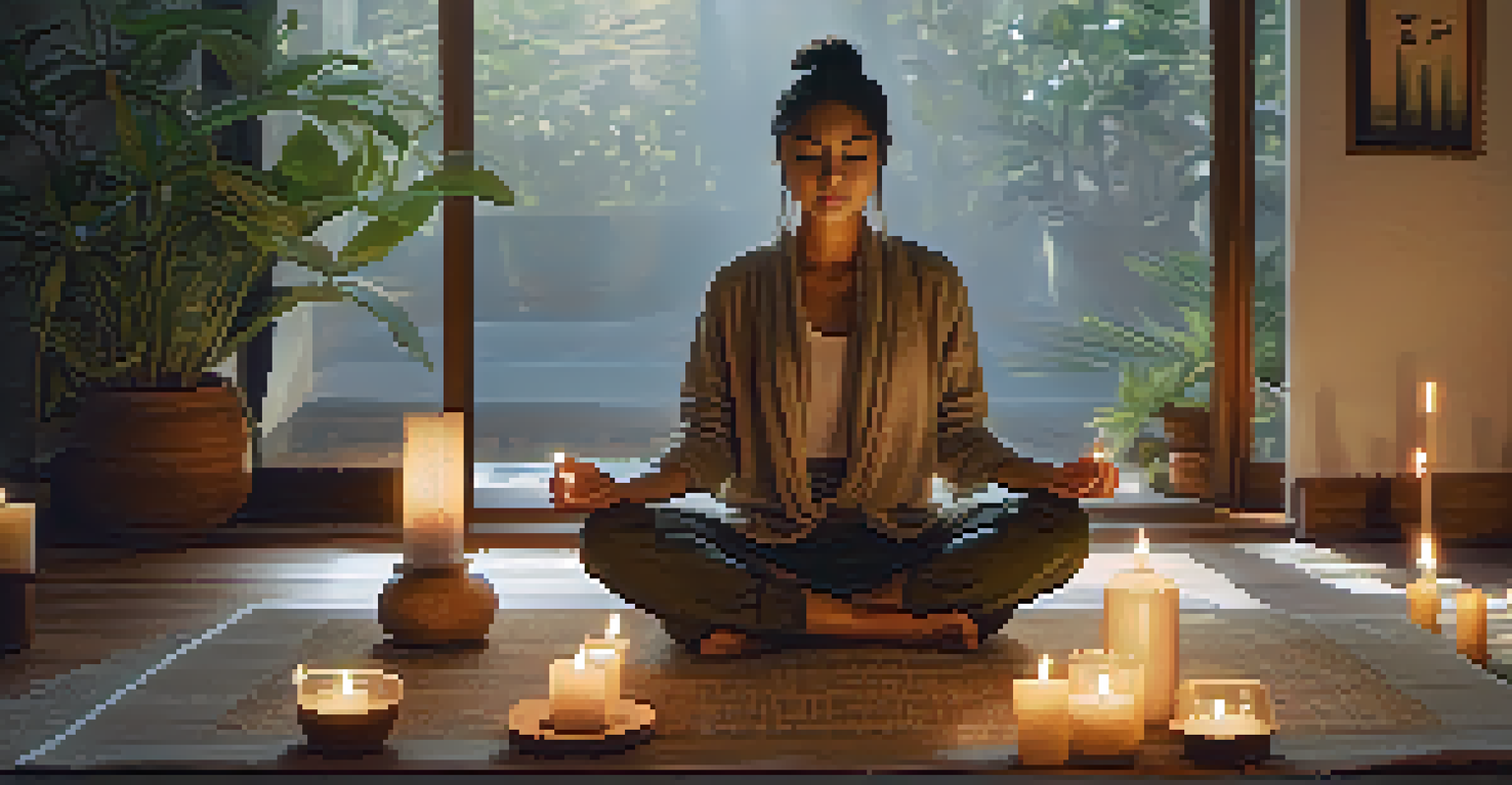 A person meditating in a cozy room filled with candles and plants, radiating calm and focus.