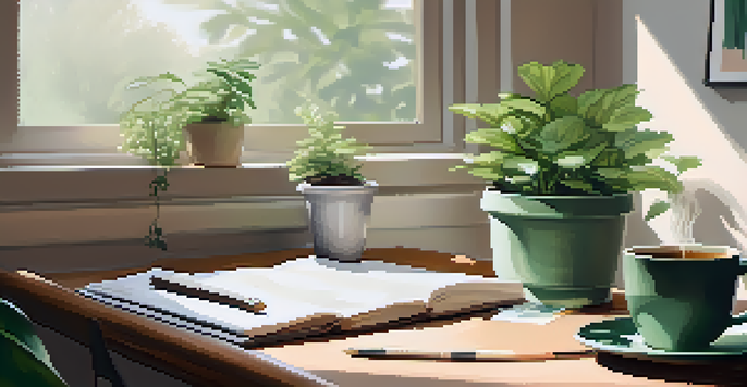 A tidy workspace with a desk, a notebook, a cup of tea, and a small potted plant, illuminated by natural light.