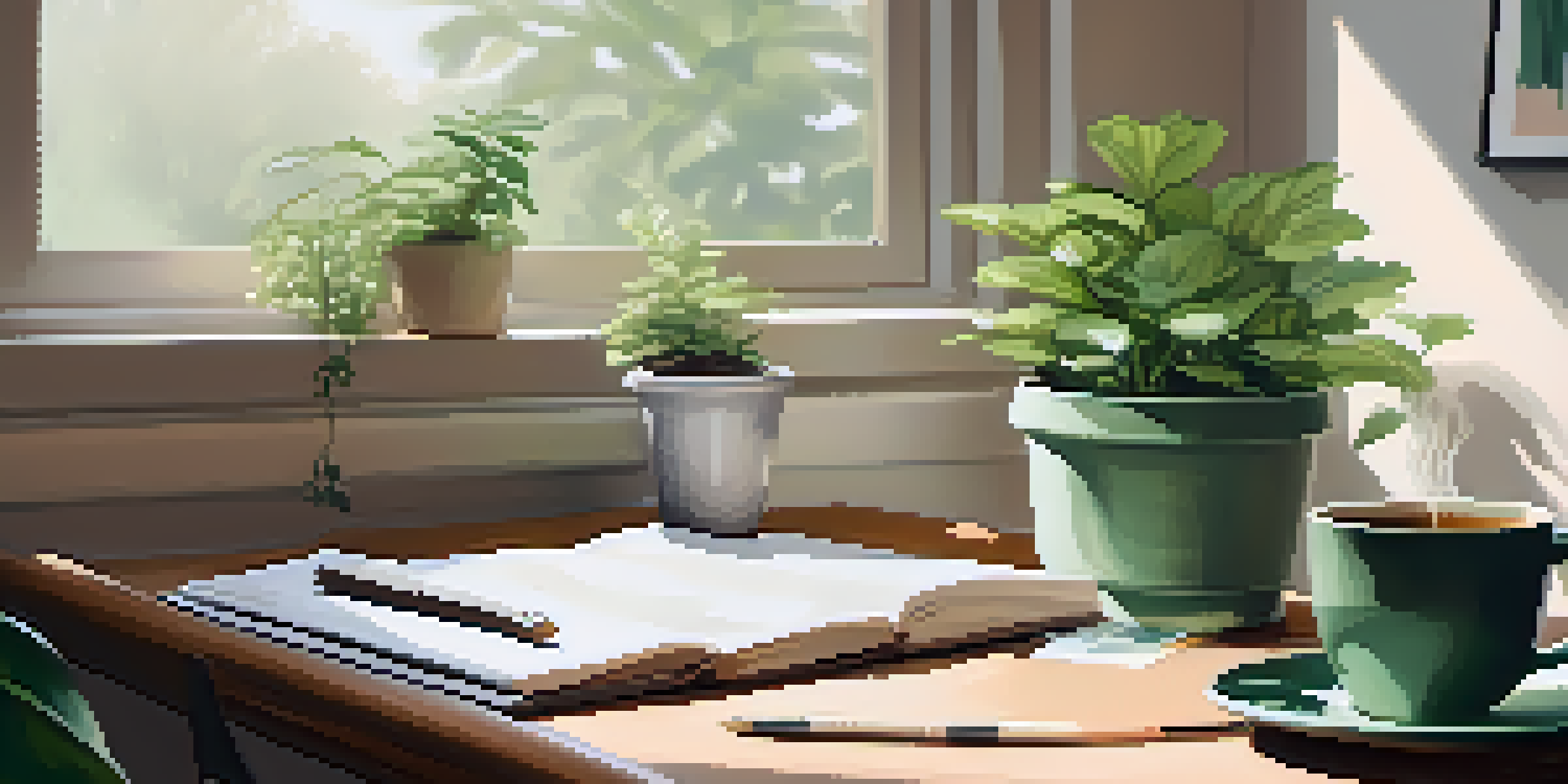 A tidy workspace with a desk, a notebook, a cup of tea, and a small potted plant, illuminated by natural light.