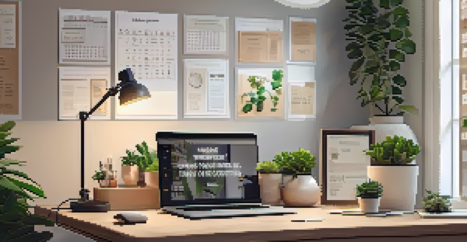 A cozy workspace with motivational quotes, plants, and a laptop displaying a goal-setting document, illuminated by warm lighting.