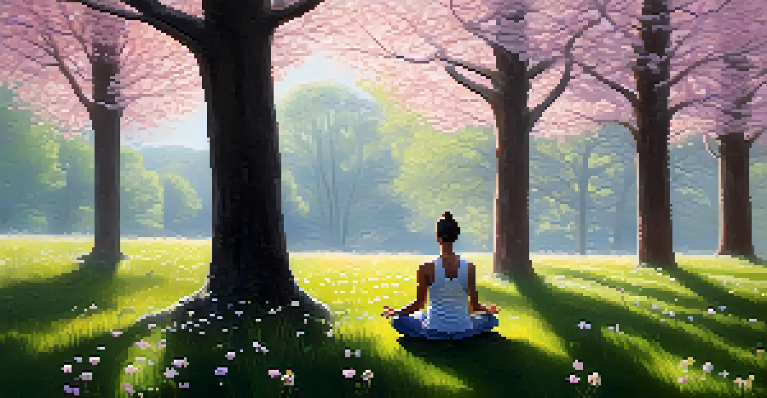 A person meditating on a hill in a peaceful natural environment.